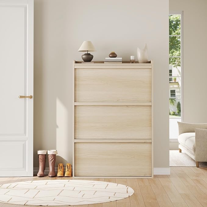 GarveeHome Shoe Cabinet with 3 Flip Drawers, Wooden Shoe Organizer Cabinet with Adjustable Shelf, Shoe Storage for Entryway, Hidden Shoe Cabinet for Hallway, Living Room, Natural Oak