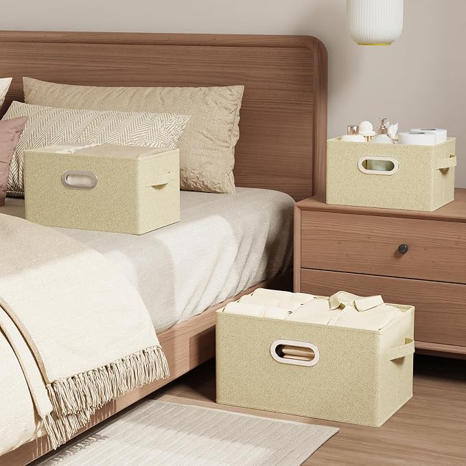 Storage Bins with Metal Grips,Grey and Beige,13x9.1x7.9in,4 Pack | Fabric Storage Baskets with Soft Cloth Handles,Thick PP Panel Wardrobe Containers,Wipeable Open Boxes for Closet Shelves