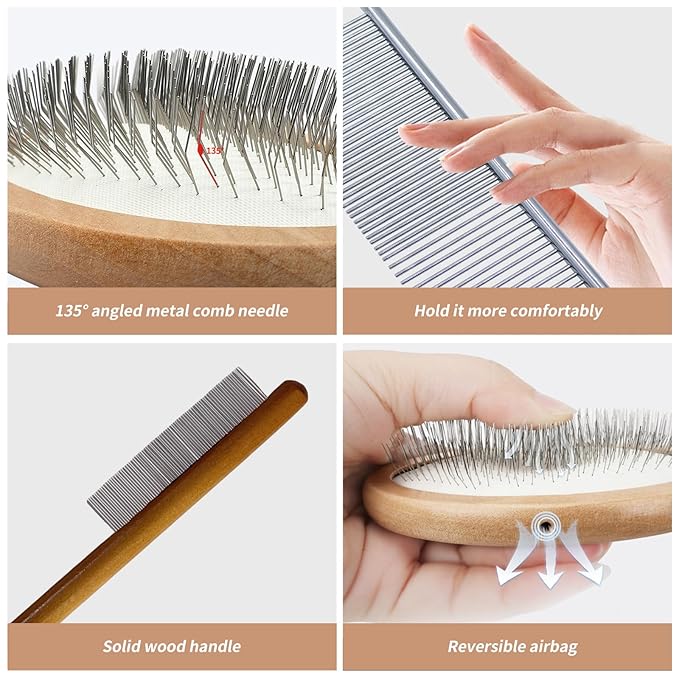 3 Pcs Slicker Brush for Doodle Dogs - Wooden Handle Grooming Comb Set for Goldendoodle, Labradoodle, Poodle - Detangling Tool for Wavy & Curly Hair, Mats & Tangles Removal (Small/Big Dogs & Cats)