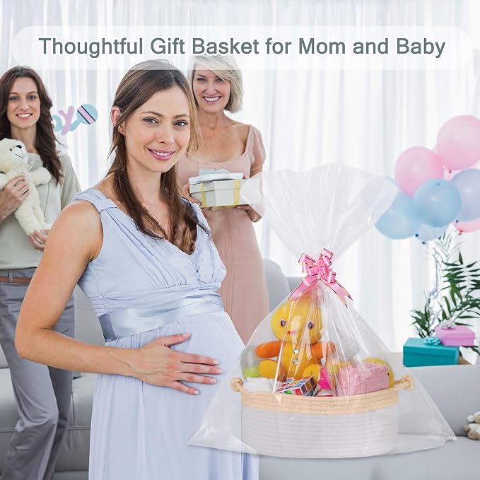 COMSE Small Gift Basket Empty with Bag & Ribbons, Beige & White | Cotton Rope, 12"x 8"x 5", Pet Toy Storage Organizer, Woven Basket for Birthdays, Baby Showers, Mother’s Day, Valentine’s Day