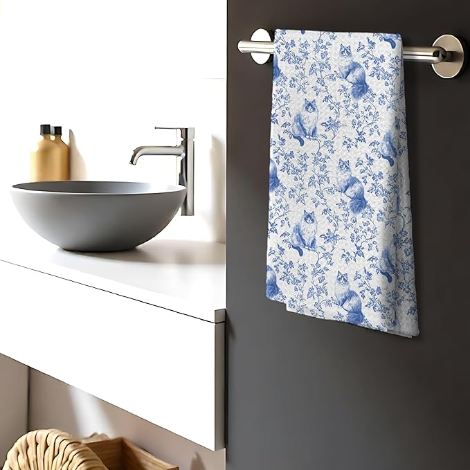 Chinoiserie Floral Ragdoll Kitchen Towels,Blue and White Cat Decor Kitchen Dish Tea Towels Bathroom Gifts for cat Lovers Women Men,16x24 Inch