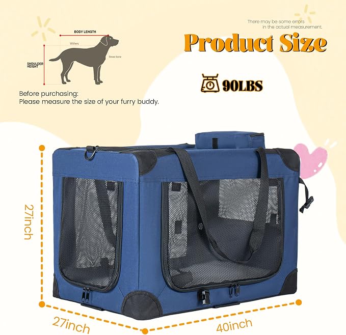 2 in 1 Rolling Dog Crate with Wheels, 24'' Collapsible Travel Pet Carrier for Medium Large Dogs, Portable Folding Kennel with 3-Door Design & Mesh Windows (Dark Blue + 40'')