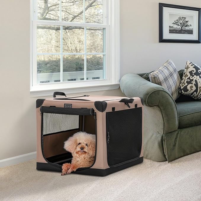 PETSFIT 26" Soft Portable Dog Crate – Patented Spiral Sturdy Frame, Collapsible Travel Kennel for Small Dogs, 3 Mesh Door, Lockable Zippers, Indoor & Car Use Khaki