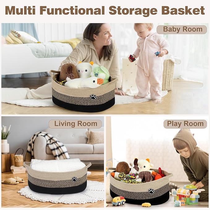 Optish 40L Extra Large Dog Toy Basket, XL Toy Storage Box and Bin with Handles, 20" x 14" x 9" Woven Cotton Rope Foldable Basket for Blankets, Living Room, Bedroom, Home Decor, Black & Brown