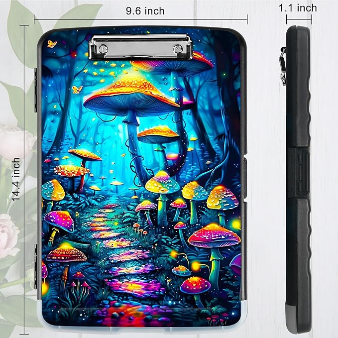 Blue Forest Mushroom A4 Clipboard with Storage Pen Holder, Clipboards Organizer Nursing Clipboard Foldable File Folder Plastic Clipboard Folio Clip Board for Office Students Classroom