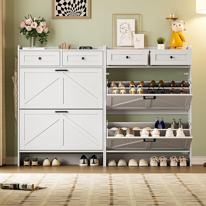 BORNOON Shoe Storage Cabinet for Entryway, Farmhouse Narrow Shoe Cabinet with 2 Flip Drawers & Top Drawers, Adjustable Shelves & Hooks, Freestanding Hidden Rack Organizer for Hallway, Foyer
