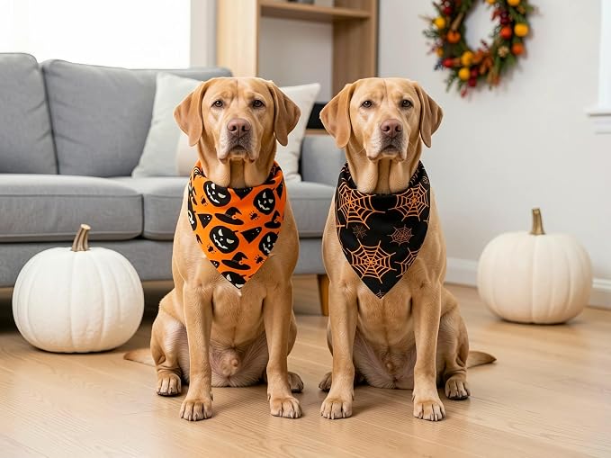 Fall Dog Bandanas 2PCS Halloween Pumpkin Spider Web Large Dogs | Reversible dog bandanas for fall & Halloween & Thanksgiving. Orange plaid/pumpkin/Spider Web design. Fits medium-large dog