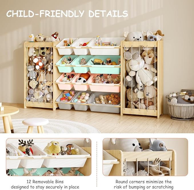 EXPERLAM Large Toy Storage Organizer, Wooden Stuffed Animal Storage & 12-Bins Toy Organizer, Double-Sided Plush Toy Holder Featuring Thicker Ropes, Space Save Playroom Bedroom Nursery Storage, Multi
