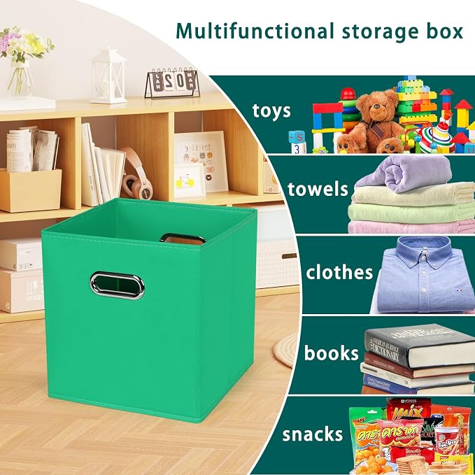 Black Foldable Storage Cubes Bins, Fabric Storage Box Cubes Organizer Baskets with Dual Handles for Home Organizer,Set of 3,(Green)