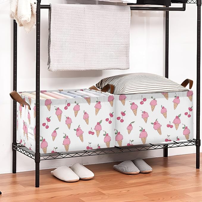 Pink Ice Cream Cone and Cherry Storage Basket Foldable Cube Storage Bins with Handles&Label Waterproof Collapsible Organizer Box Bin Large Rectangle Decorative Baskets for Shelves Home Room Laundry