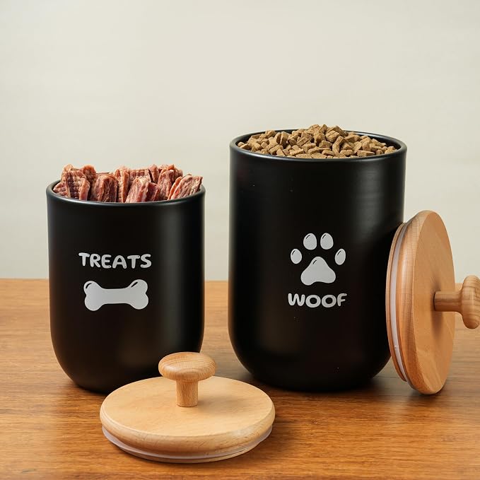 Dog Treat Container Set of 2, Dog treat jar with Airtight Lid, Small dog food container, Dog Cookie Jar for kitchen Counter, Treats Canister, Pet Treat Container 8.3x4.9 & 7.1x4.3 (Black)