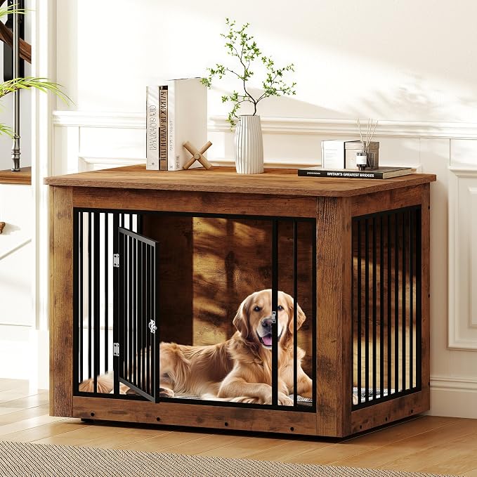 DWVO Dog Crate Furniture, 38" Dog Kennel Indoor Furniture End Table for Dog | Farmhouse Decorative Wooden Cage, Chew-Resistant, Rustic Brown