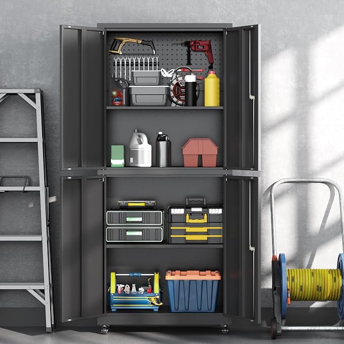 71" H Metal Tool Storage Cabinet with Lock and Wheels, Heavy Duty Garage Cabinet with 4 Doors and 2 Adjustable Shelves, Tool Organizer with Pegboard for Garage, Warehouse(Black, 71" H)