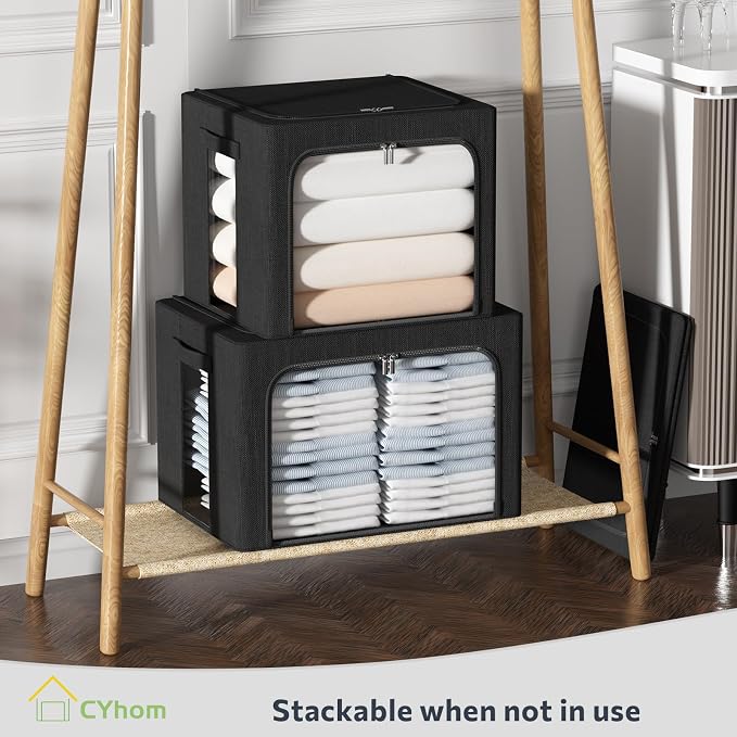 CYhom 3Pack Foldable Storage Bins - Frame Storage Box Linen Fabric Stackable Clothes Container Organizer with Clear Window & Carry Handles Large Capacity (Small-22L, Black)
