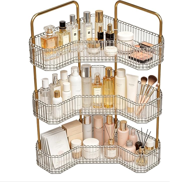 3-Tier Corner Bathroom Organizer, Skincare Vanity Counter Shelf Clear | Premium PET Perfume Display Stand with Gold Metal Rods, Space-Saving 90 Degree Storage Rack for Dresser
