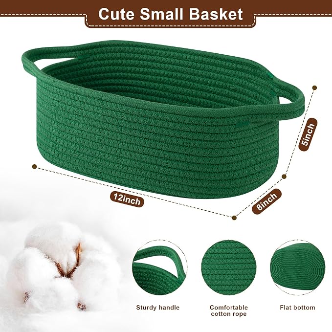 OIAHOMY Gift Basket with Handle, Small Woven Basket with Gift Bag, Ribbon and Wrap Tissue Paper, Nursery Bins Empty to Fill with Small Items, Baby, Pet Toy Organizer - Deep Green