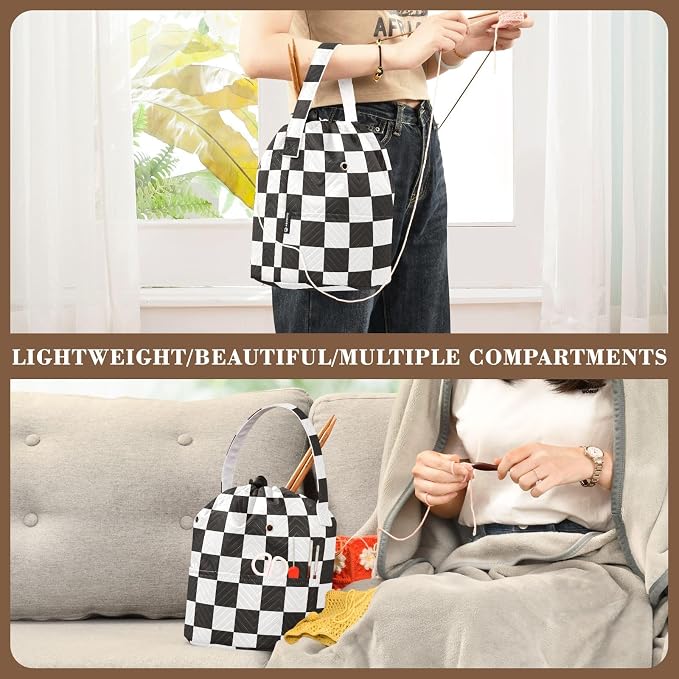 Tatenale Crochet Bag Yarn Bag Knitting Project Bag with Pockets and Handle Portable Yarn Storage Organizer Tangle Free 8.3x11 InchCheckered Black and White15