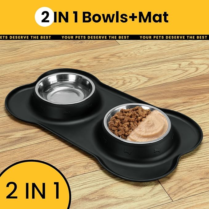Conlun Dog Bowls with Non-Slip Silicone Mat, Spill Proof Large Food & Water Bowls Set, Easy Clean Dog Food Dish, Dishwasher Safe, Suitable for Dogs Cats Pet Under 90lbs, Large, Black