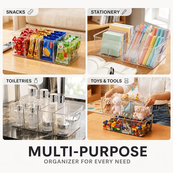 Clear Plastic Storage Bins with Removable Dividers – Pantry Snack Organizer, Kitchen Pantry Organizers and Storage, Snack Drawer Organizer, Fridge Organizer (4 Pack)