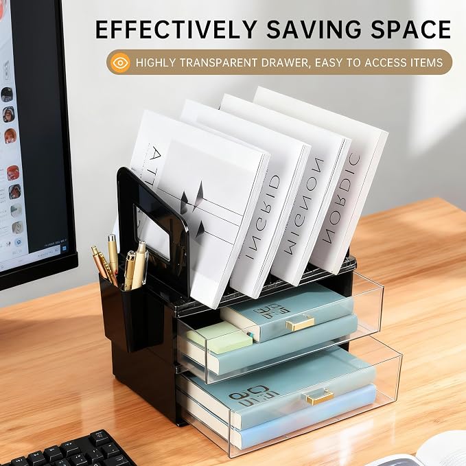 CiWiVOKi Desk Organizer with 4 File Slots and 2 Drawers, Black | File organizer with dual pen holders and storage compartments for mail, documents and office supplies