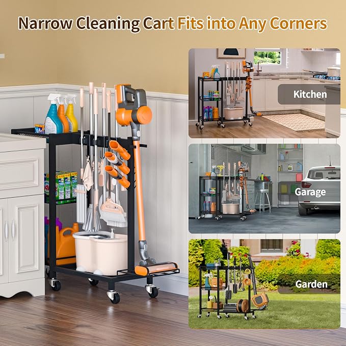Broom Holder with Cleaning Supplies Organizer, 30.7"Wx11.8"Dx34.6"H | Load 350 LBS, Cleaning Cart with Wheels, 3-Tier Shelves, 6 Mop Hanger Grippers & 3 Double-Hooks, Vacuum Stand for Laundry