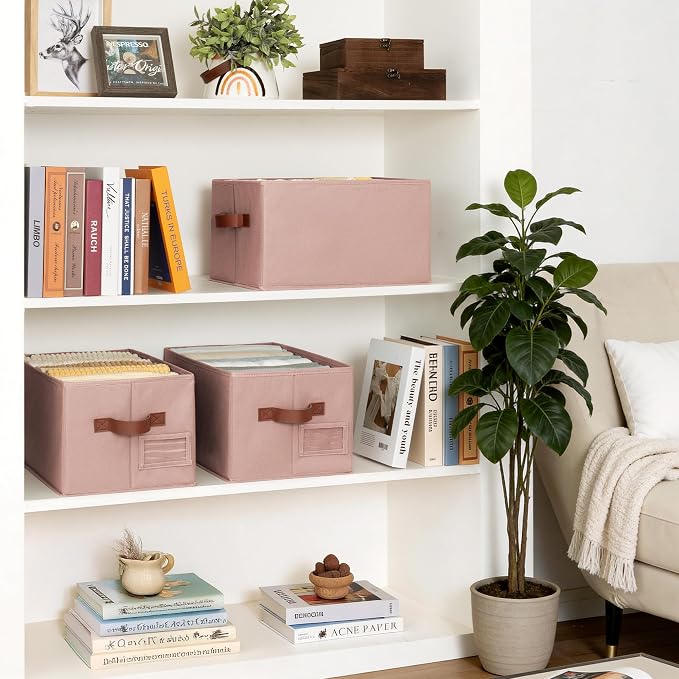 GRANNY SAYS Closet Storage Bins with Label, Dusty Pink, Medium, 3-Pack | Clothes Storage Bins with PU Handles, Closet Organizer for Shelves, Collapsible Decorative Storage Box