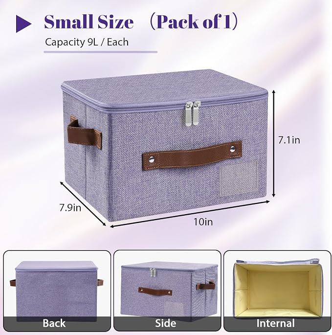 ANMINY Small Storage Box Fabric Bins with Zipper Lid, 10"x8"x7" Purple | Keepsake Box, Decorative, Cotton Linen, Reinforced PP Board Frame, Washable, Stackable & Foldable, Label Holder & PU Handles