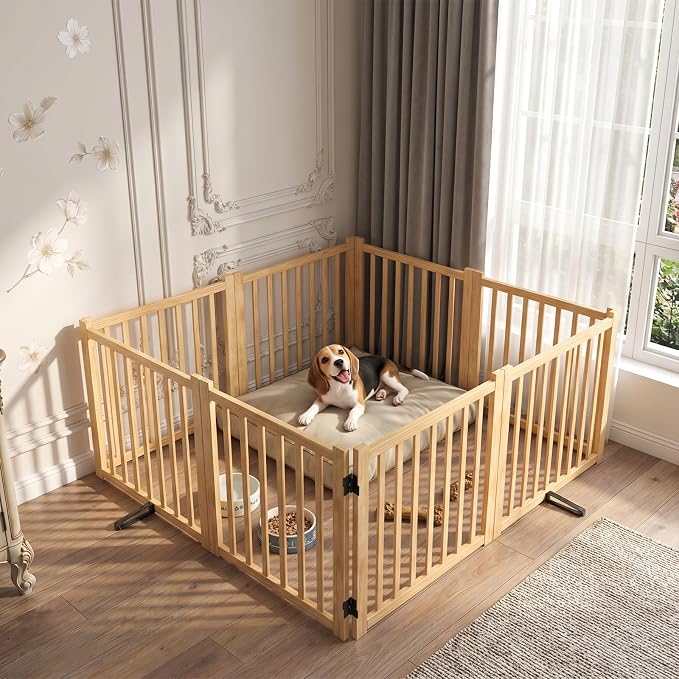YOCAN Non-Painted Wooden Freestanding Dog Gate - 8 Panel 23" | Pet Gate for Indoor Use, Dog Fence for Doorways, Stairs & House, Step-Over Design, Easy to Install