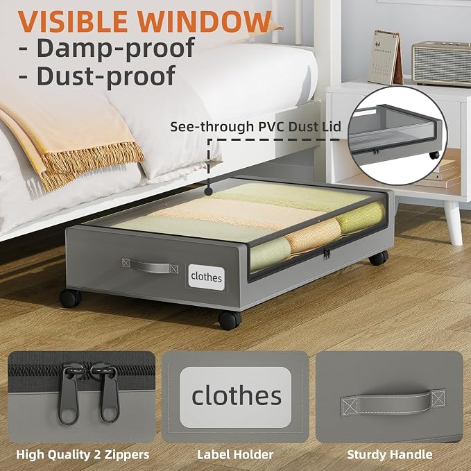 Somdot Under Bed Storage with Wheels, 2 Pack Under Bed Storage Containers | Underbed Shoe Storage Organizer with Clear Lids, Rolling Under The Bed Storage for Clothes, Blankets, Toys, Charcoal Grey