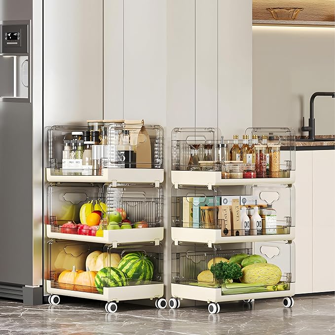 VECELO 3-Tier Fruit and Vegetable Basket, Stackable Kitchen Storage Organization with Wheels, Plastic Rolling Cart with Handles, Wide Open for Kitchen, Pantry, Living Room