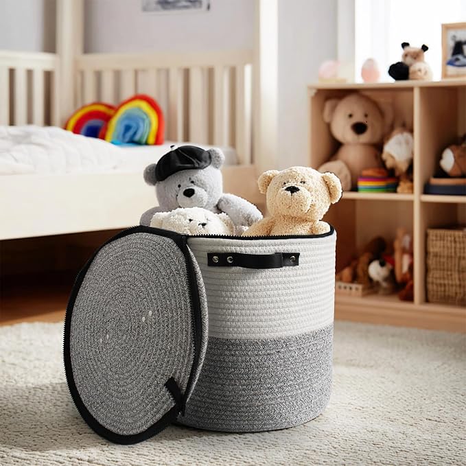 Storage Basket with Lid, 15"x13" Round Woven Blanket Storage for Living Room, Soft Cotton Rope Bin with Zipper Top, Shoe Basket with Lid for Entryway, Floor Kids Dog Toy Bin Box with Cover