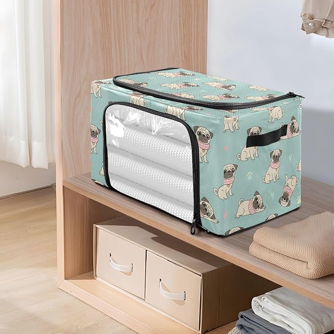 Cute Pets Pug Teal print Under Bed Storage Containers with Double Zipper Openings, Foldable Clothes Storage Bins with Clear Window and Handles for Comforters Bedding Blankets