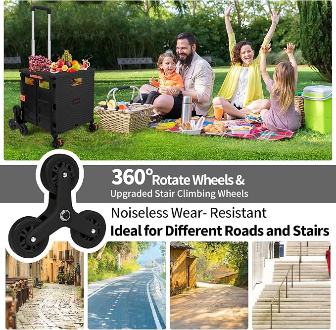 Foldable Utility Cart Collapsible Crate Rolling Carts with Stair Climbing Wheels Rolling Tote Basket Teacher Cart with Lid Wear-Resistant 360°Rotate Wheel Noiseless for Moving Office-Black