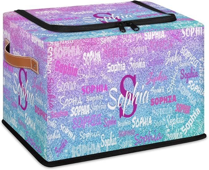 Custom Storage Baskets Named with Zipper Lid, Pink with Blue Bling Glitters Personalized Storage Bins Basket Boxes PU Leather Handles for Clothes Bedroom Closet Organizing Toys Books Shelves