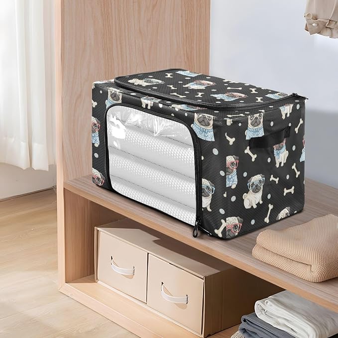 Cute Pets Pugs Black print Under Bed Storage Containers with Double Zipper Openings, Foldable Clothes Storage Bins with Clear Window and Handles for Blankets Bedding Comforters