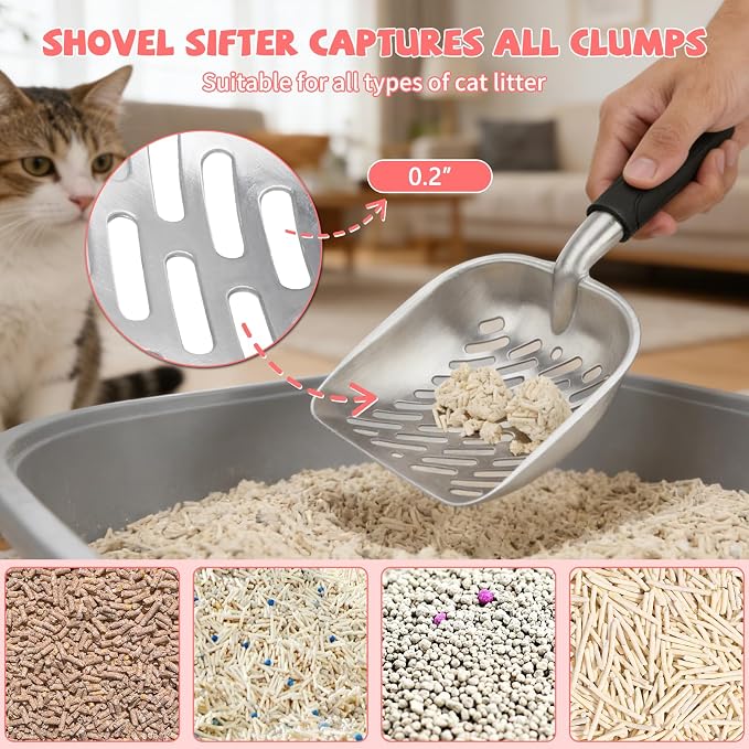 Metal Cat Litter Scoop with Holder, Lidded Caddy Set, Pink | Sifting Slots, Curved Grip, Rinse-Clean Holder, 12 x 4 x 1.5 in Aluminum Scoop, 8 x 2.9 x 5.9 in Lidded Caddy