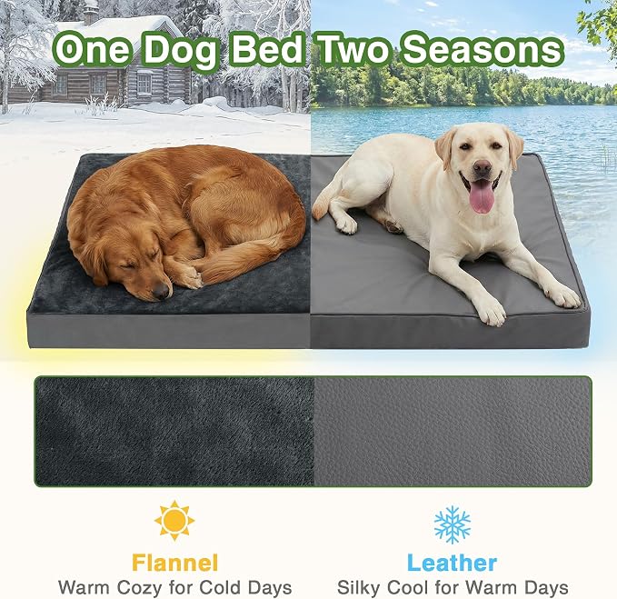 XXXL Dog Bed Waterproof, Washable Large Crate Pad 54" with Removable Cover | Jumbo Durable Pet Bed Foam, Reversible Wipeable Faux Leather & Soft Flannel, Outdoor Anti-Slip Kennel Pad 53"x36" Dark Gray