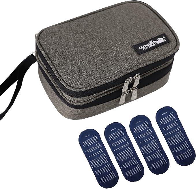 apollo walker Insulin Cooler Travel Case with Ice Packs and Insulation | TSA Approved Includes 2 x 90g ice packs for 9-hour cooling insulin pens & syringes for Diabetics to Carry (Gray)