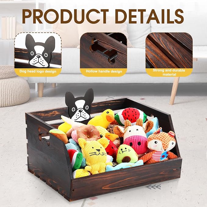 Briwooody Dog Toy Bin, 17.5 Inch Large Wooden Puppy Toy Storage Basket with Handle and Dog Head Tags Durable Pet Doll Box Puppy Stuff Organization Chest for Leash, Food, Accessories