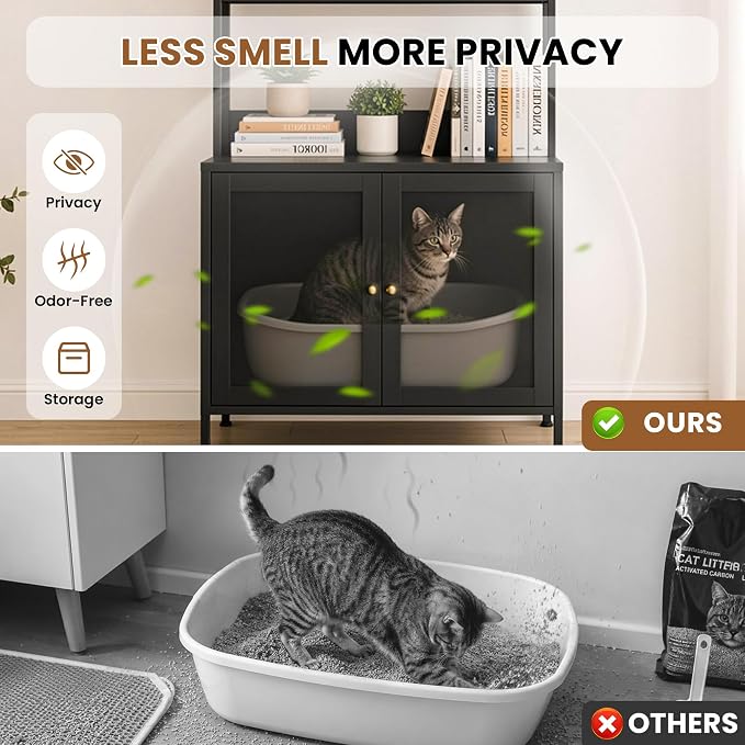 Cat Litter Box Enclosure with Shelves, Large Metal Pet House Washroom Dog Proof Furniture, Hidden Little Box Cabinet, Living Room Side End Table, Indoor Cat House, Assembly Required