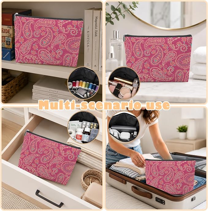 Preppy Hot Pink Paisley Empty Mahjong Tile Bag 13x7.8 Inch, | Boho Floral Printed Portable Travel Case Organizer Zipper Pouch for American Mahjong Tiles Game Night Accessories and Gifts
