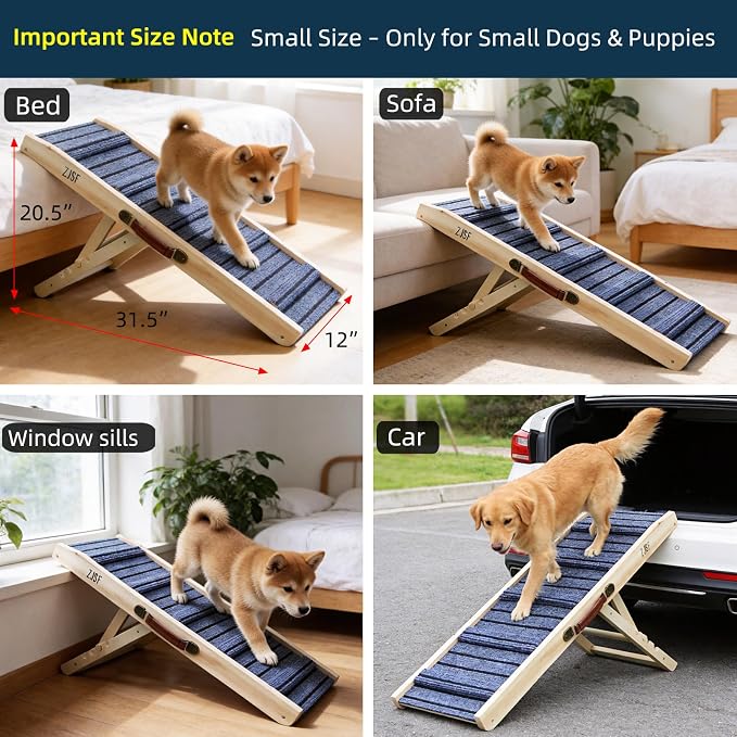 ZJSF Foldable Wooden Dog Ramp for High Bed, Dog Stairs for Small Dogs, High Traction Platform with 4 Adjustable Heights (5"-20.5"), 31.5" L, Supports up to 70 lbs,Small Size for Puppies