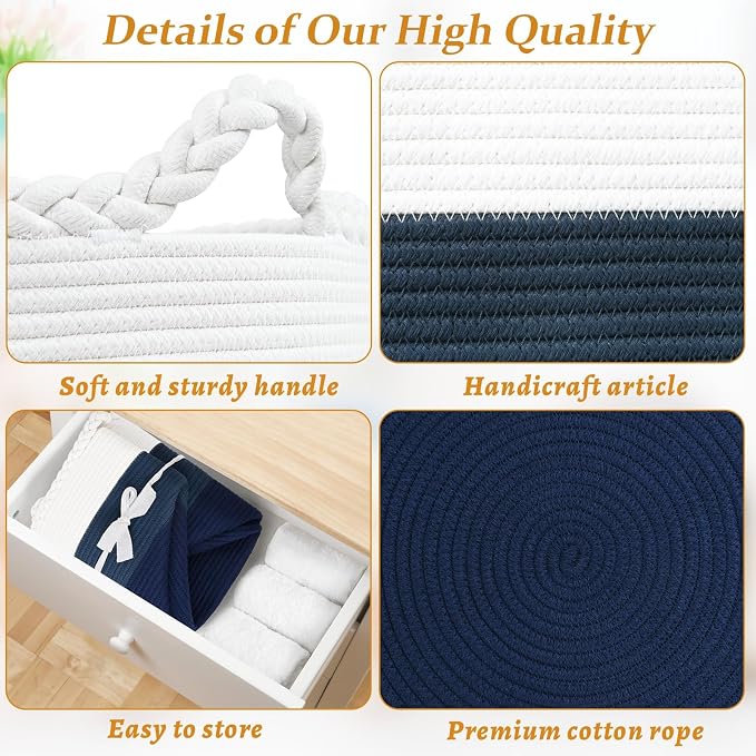 Laundry Hamper for Organizing, 52L Large Laundry Baskets, Cotton Rope Woven Blanket Basket, Collapsible Laundry Hamper for Living Room, Nursery, 15"×18", Dark Blue