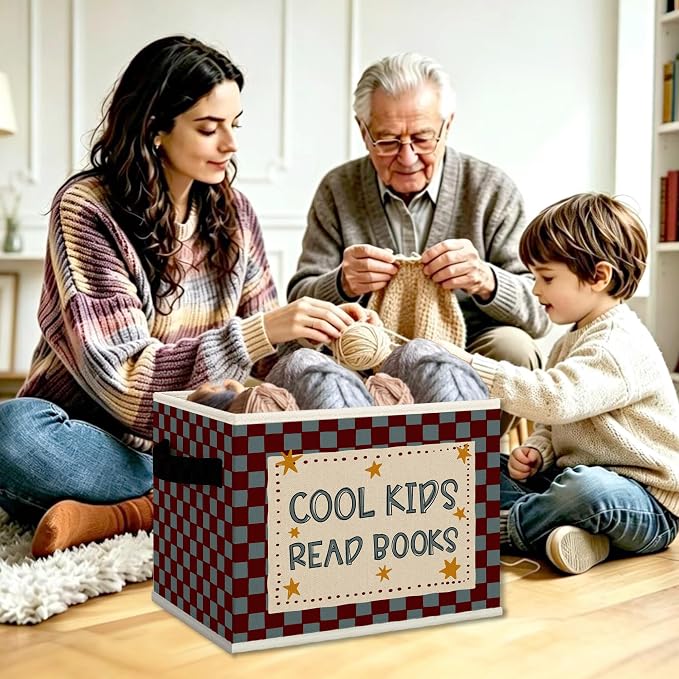 Kids Classroom Book Cube Storage Bins with Handles, Cool Kids Read Books Checkered Collapsible Fabric Storage Basket Boxes Books Clothes Organizer for Girls Boys Reading Room Bedroom