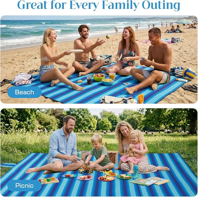 OIGAE Beach Blanket Waterproof Sandproof Oversized Beach Mat | Picnic Mat with Stakes, Storage Bag - Essentials for Outdoor Beach, Picnic,Quick-Dry Lightweight,Windproof Pockets