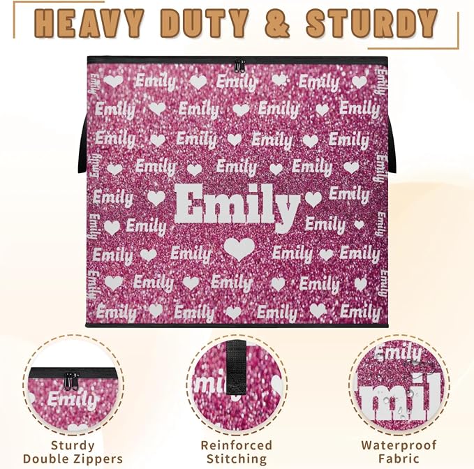 Personalized Storage Bins with Lid, Customized Name Jumbo Storage Basket Rectangle Clothes Organizer for Organizing Kids and Pets Toys Shelf Closet, Pink Bling Glitters with Love Hearts