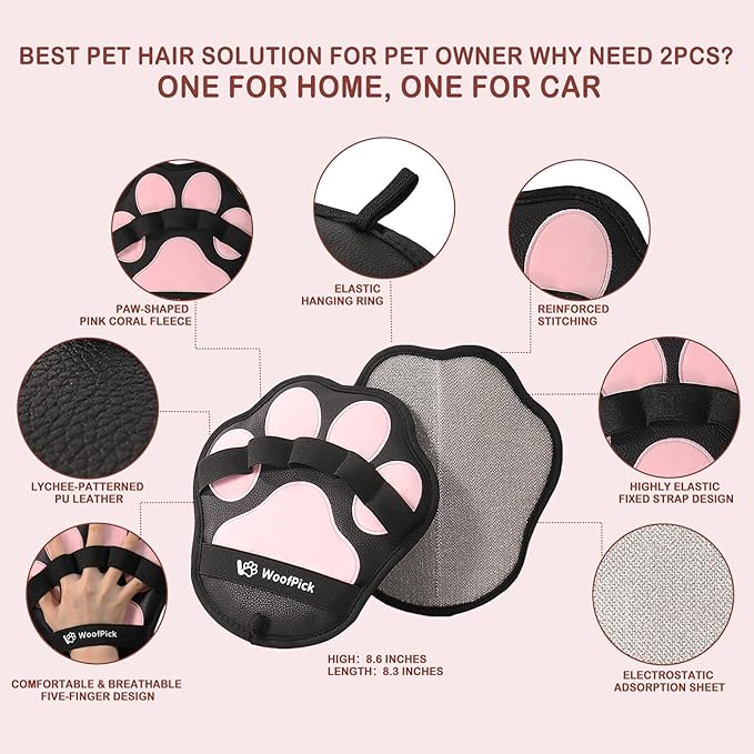 WoofPick 2PCS Pet Hair Remover Glove - Electrostatic Pet Hair Removal Glove for Dogs & Cats, Efficient Magic Brush Pet Hair Remover Tool for Furniture, Couch, Clothes & Car, Washable & Reusable