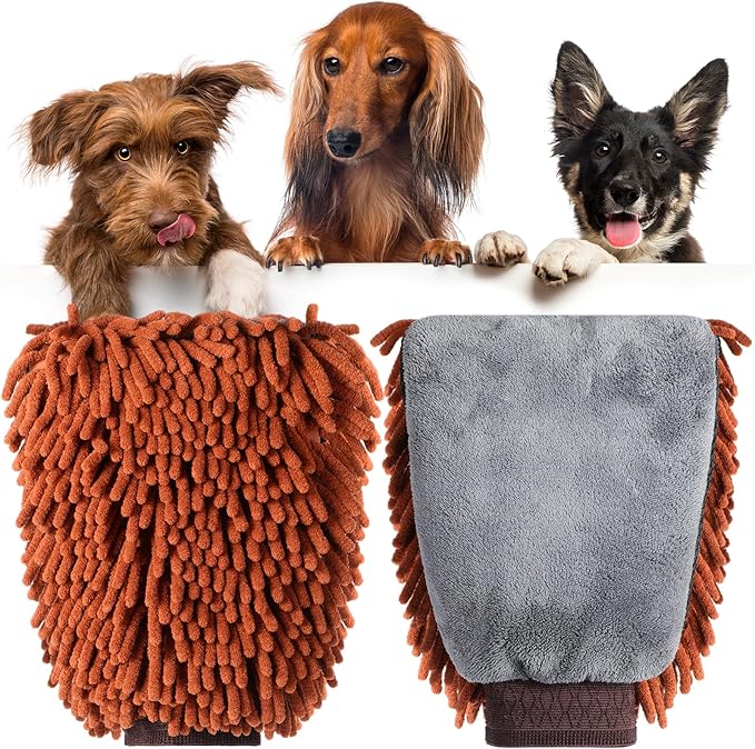Teenyyou 2 Pcs Dog Towel Mitt Dry Bath Gloves Chenille Microfiber Paws Clean Pet Hair Washing Gloves Dog Grooming Mitts Bath Supplies for Cats Rabbits Horses Suitable for Long/Short/Poodle Fur(Brown)
