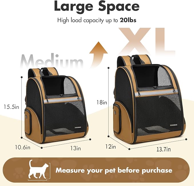 Pet Backpack Carrier, Large Cat Carrier Backpack Up to 20 Lbs with Breathable Mesh, for Medium Large Cats or Small Dogs, Travel Hiking Camping Backpack (Brown-XL)