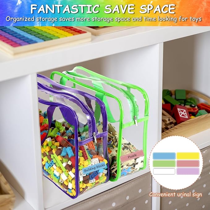 6 Colors Large Toy Storage Bags with Labels Reusable Clear Toy Organizer | Transparent PVC Waterproof Organizer Bags with Zipper for Building Blocks, Puzzle, Board Games Travel Storage, Save space